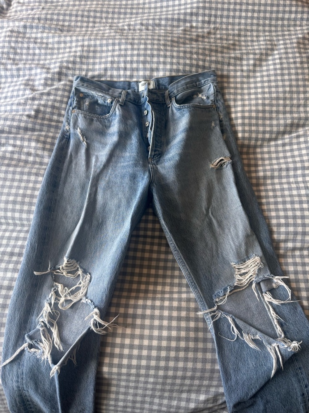 Agolde blue denim straight leg ripped